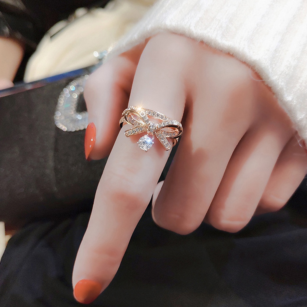 Hu Hu Hu Hu Hu Alat Bantu Pasang Kacamata♡ Cincin Model Terbuka Bahan Alloy Desain Pita Hias Cubic Zirconiaberlian Imitasi Gaya Mewah Untuk Valentine