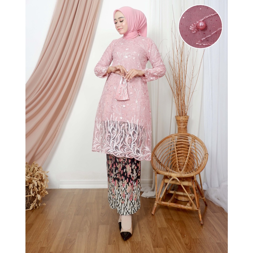 Setelan Outfit Kebaya Tunik Tulle Modern Dress Pesta Wisuda Kondangan Wanita Terbaru