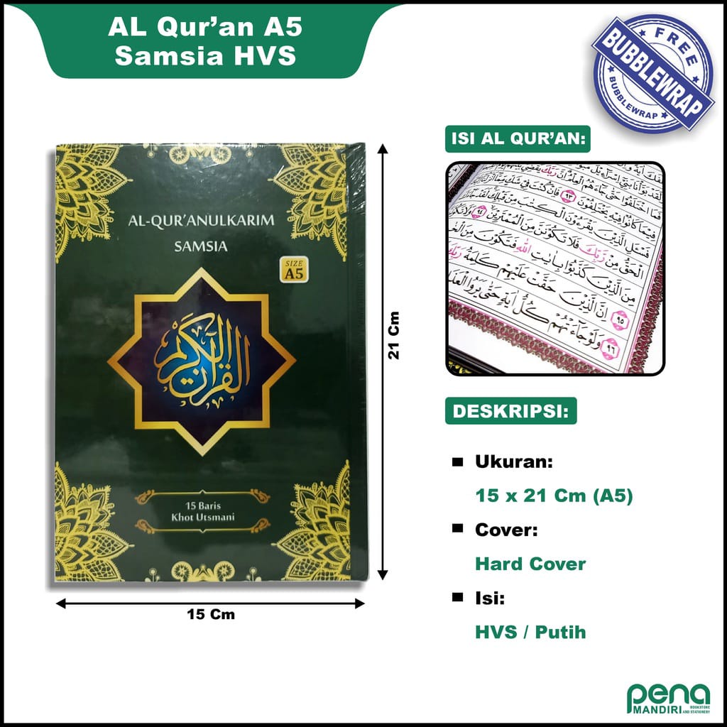 ALQURAN SAMSIA TANGGUNG (HVS A5) KHOT UTSMANI 15 BARIS - AL QURAN WAKAF