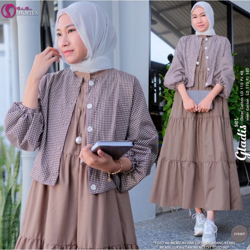 Oneset Gladis Ori by Shofiya setelan mididress dan outer kotak kotak outer set casual