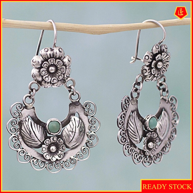 [Ready Stock]S925 Silver Vintage Inlaid Turquoise Flower Earrings