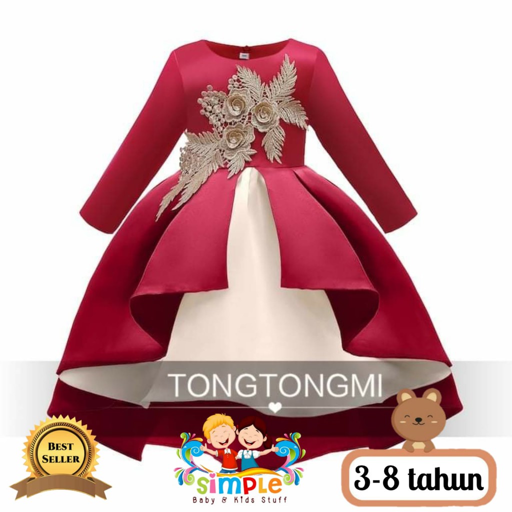 Dress/Gaun Baju Pesta Ekor Anak Perempuan Impor Merah Lengan Panjang Usia 3-8 tahun