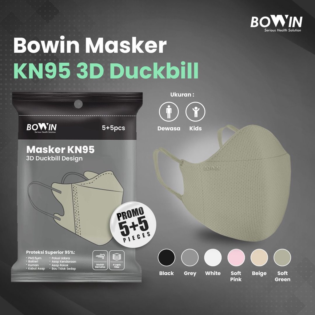 BOWIN Masker KN95 - DUCKBILL 3D (Filter ≥95% BFE PFE) Masker Medis / Masker Kesehatan (isi 3 / 10 pcs)