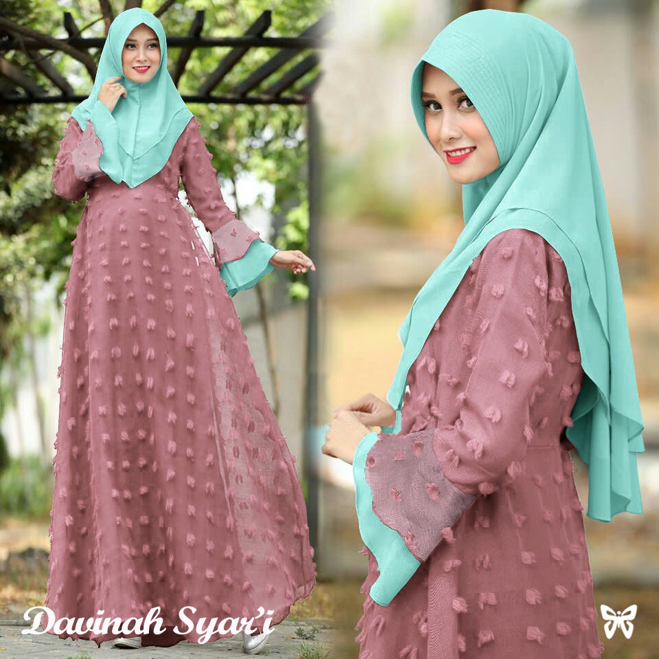 HOPYLOVY - Gamis Wanita Kombinasi Linen Rubiah Layer + Bergo