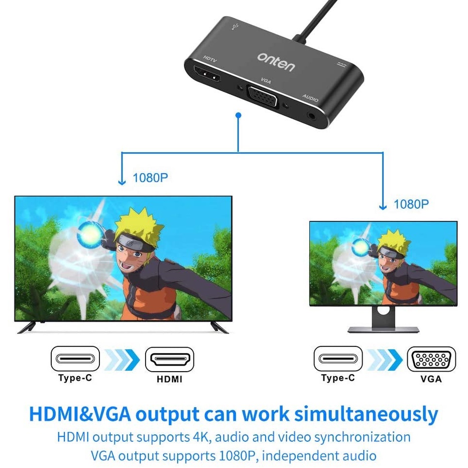 ONTEN OTN-9573S - USB-C to HDMI-VGA-AUDIO-USB 3.0 with PD Charger - Adapter USB-C ke HDMI/VGA/Audio/USB 3.0 + PD Charging 60W