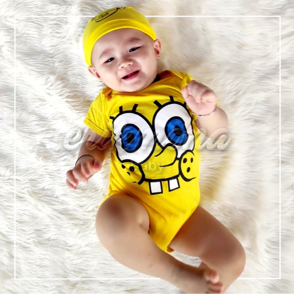 Ermon Baby - Baju Bayi Laki Laki Jumper Baby Lucu Karakter Spongebob + Topi usia 0 - 12 Bulan