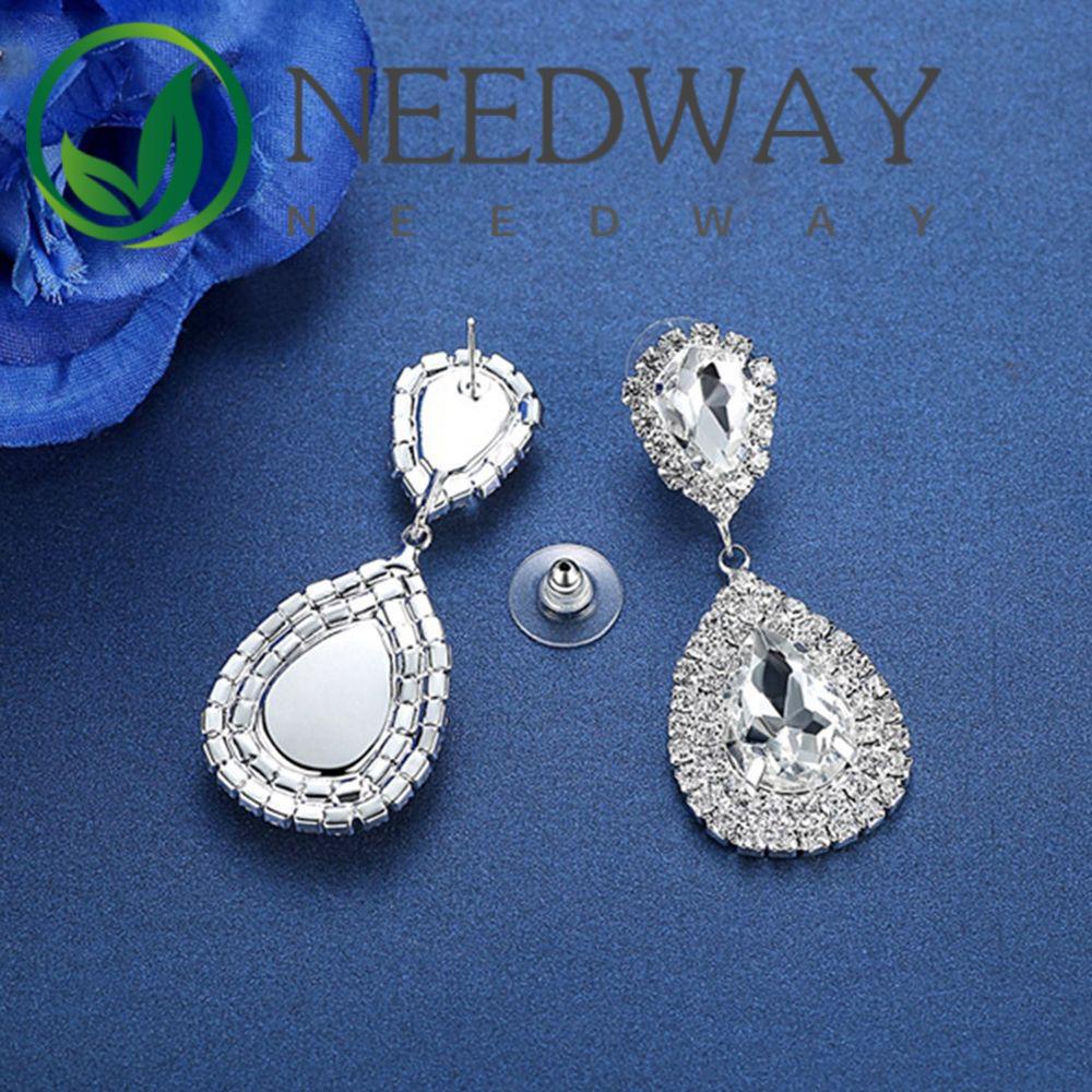 Needway  Women Jewelry Crystal Wedding Accessories Bridal Tear Drop Earrings Fashion Rhinestone Sparking Long Earrings/Multicolor