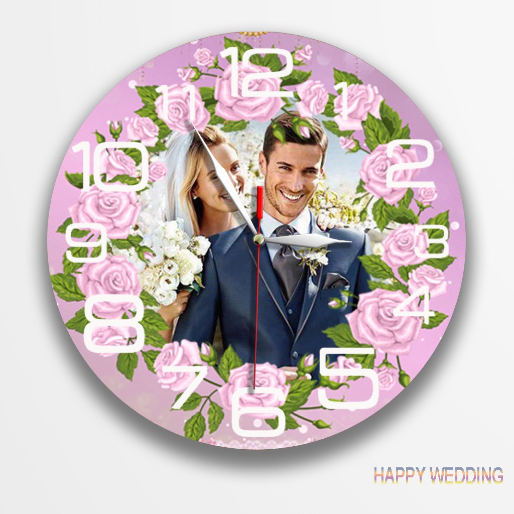 JAM DINDING KAYU UCAPAN HAPPY WEDDING SOVENIR CUSTOM