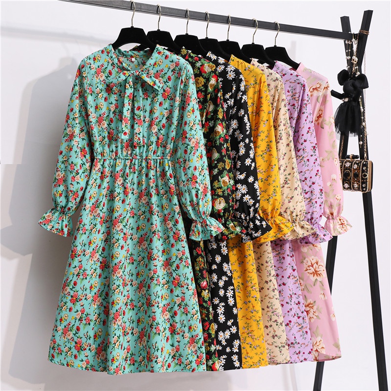 New Fashion Korean Dresses Floral Chiffon Women Casual Dinner Long Sleeve A-line Midi Dress Muslimah