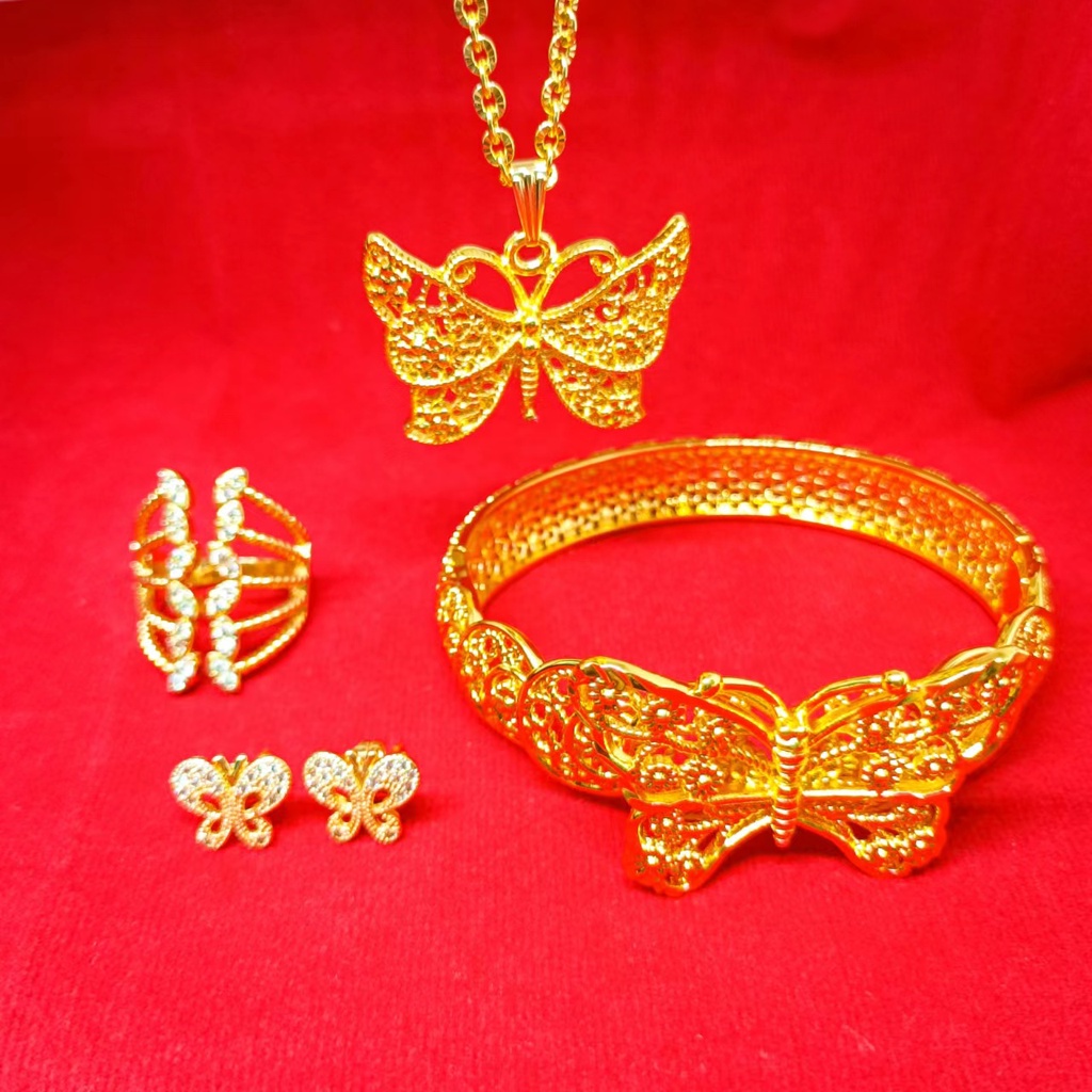 satu set ear studs+gelang+kalung liontin+cincin kendari gold 24K hadiah perhiasan kupu-kupu