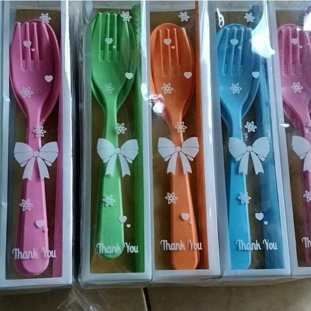 (50pcs)Souvenir sendok garpu sendok gogreen sudah kemasan mika motif lokal