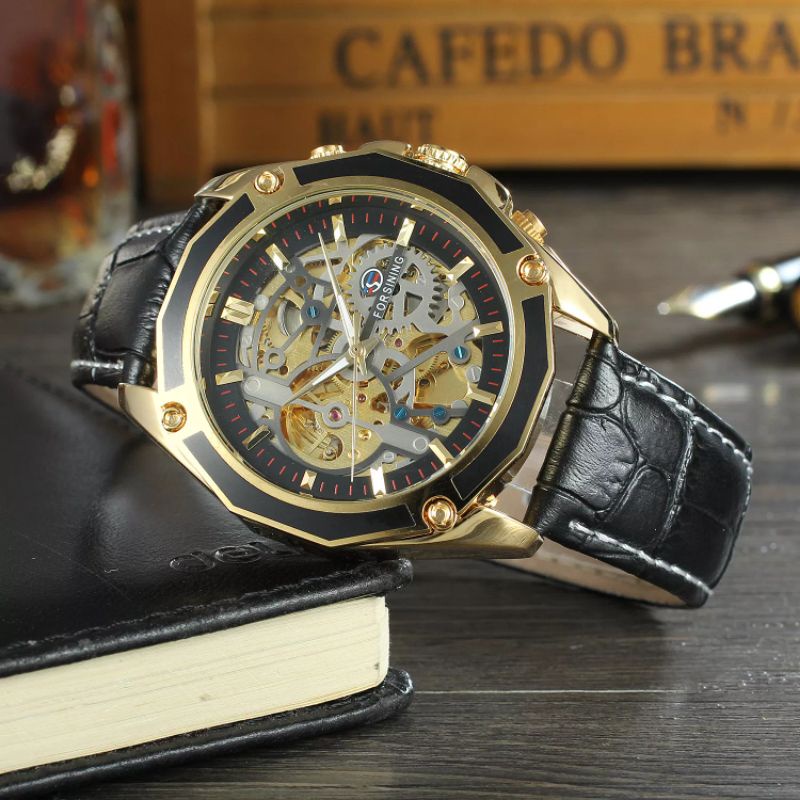 Jam Tangan Pria Mekanik Automatic Forsining Luxury Skeleton Movement Gold