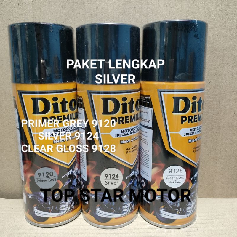 Pilok Paket Lengkap Cat Diton Premium Primer Grey 9120 Silver 9124 Clear Gloss 9128 400cc.. Pilok Paketan Silver Cat Semprot Diton Premium 400cc