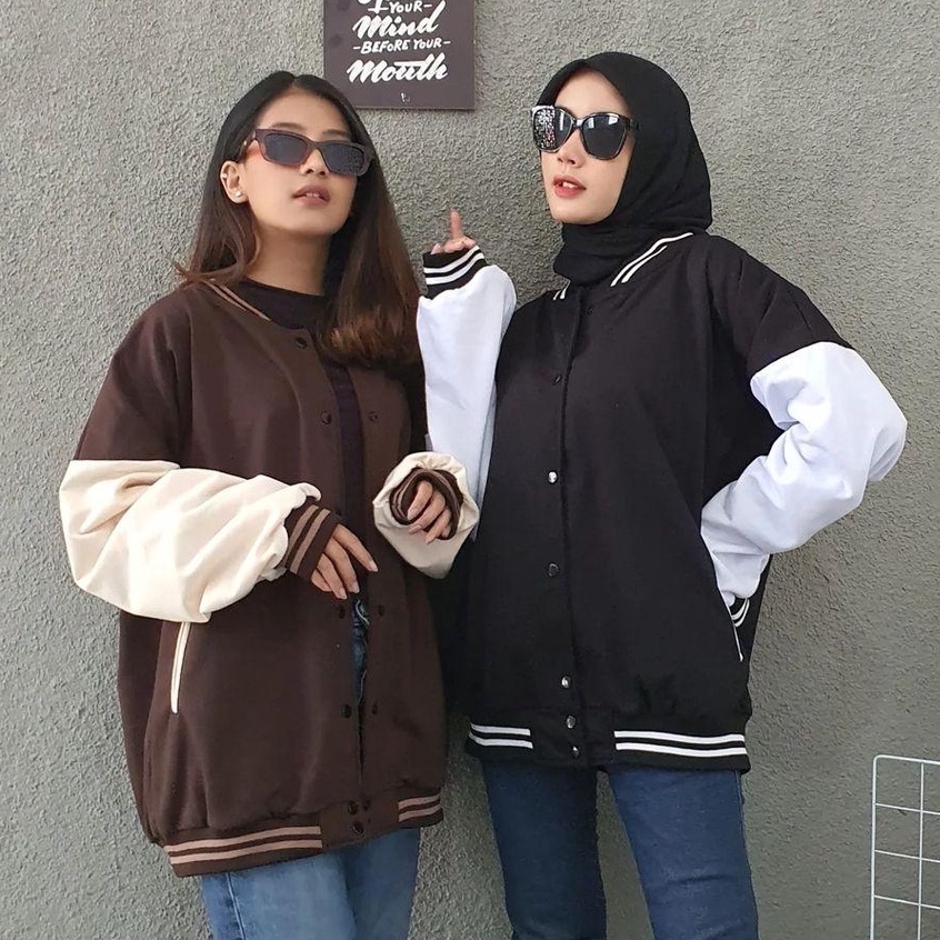 Jaket Baseball Wanita 3XL Classie Oversize Fleece Premium Lengan Panjang Sporty Sweater