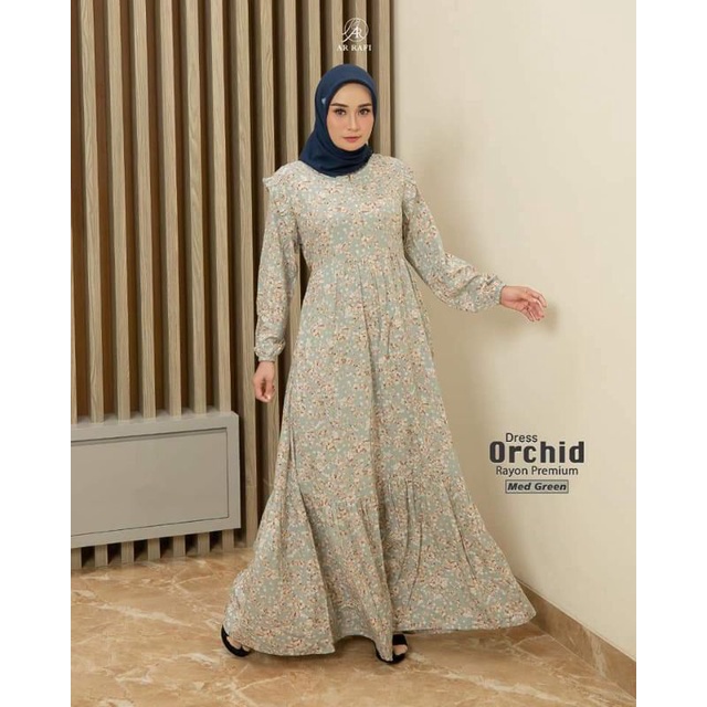 Terlaris ✓ Hijab Arrafi Dress Orchid Gamis Muslim Rayon Adem Terbaru Size M Warna Med Green