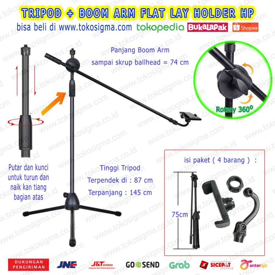 TRIPOD VIDEO STAND BOOM ARM FLAT LAY HANDPHONE HP OVERHEAD ROTARY 1.8m