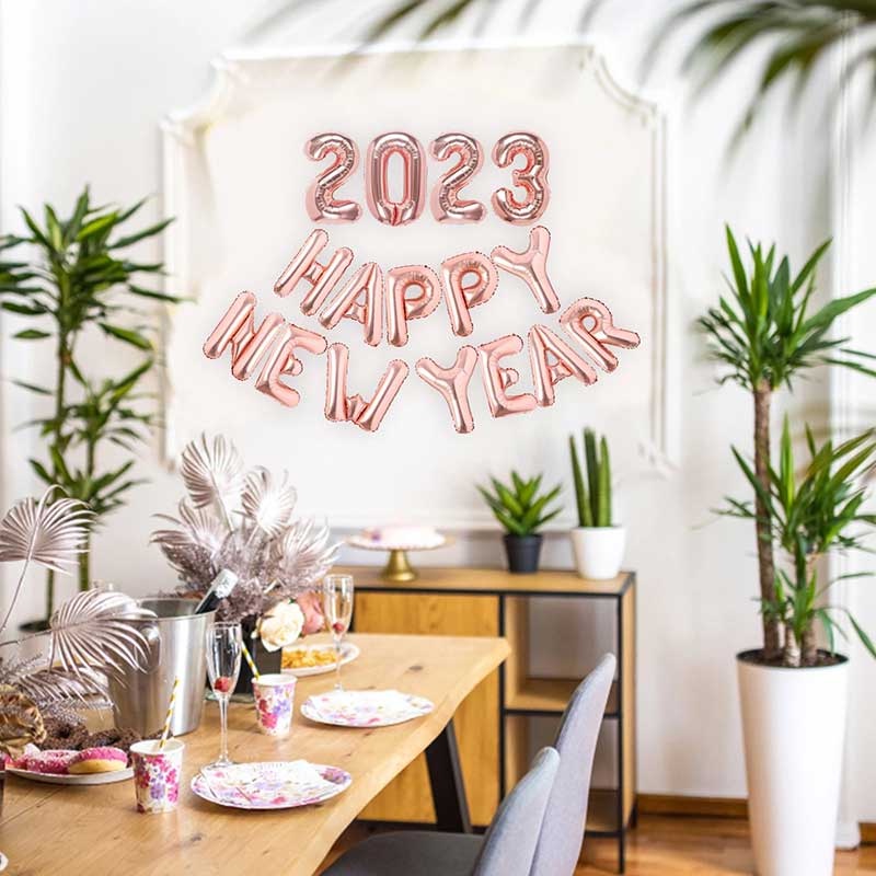 Rose Gold Happy New Year Letter Aluminum Film Balloon/ 2023 New Year Family Party Background Wall Decoration Balloons