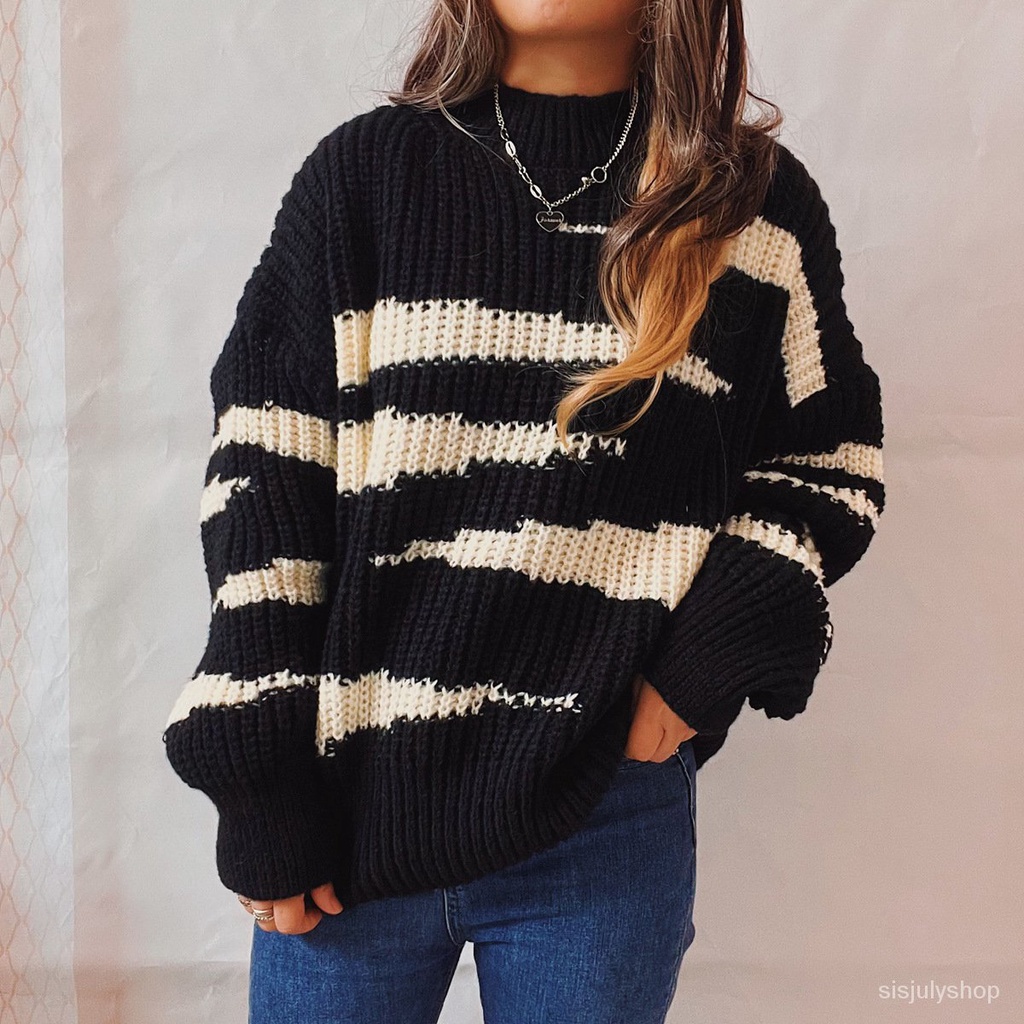 #Sisjuly# Wanita Baru Longgar Leher Bulat Lengan Panjang Garis Tidak Teratur Sweater Warna Kontras S