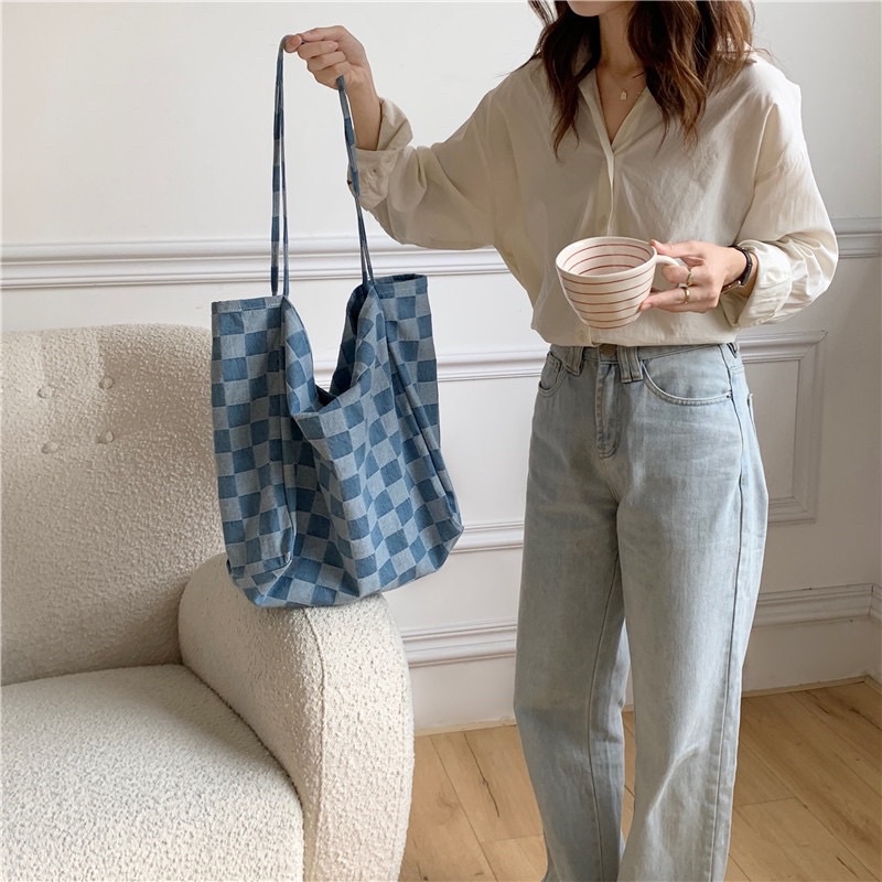 KOREAN DENIM CHECKER TOTE BAG TAS BAHU DENIM JEANS