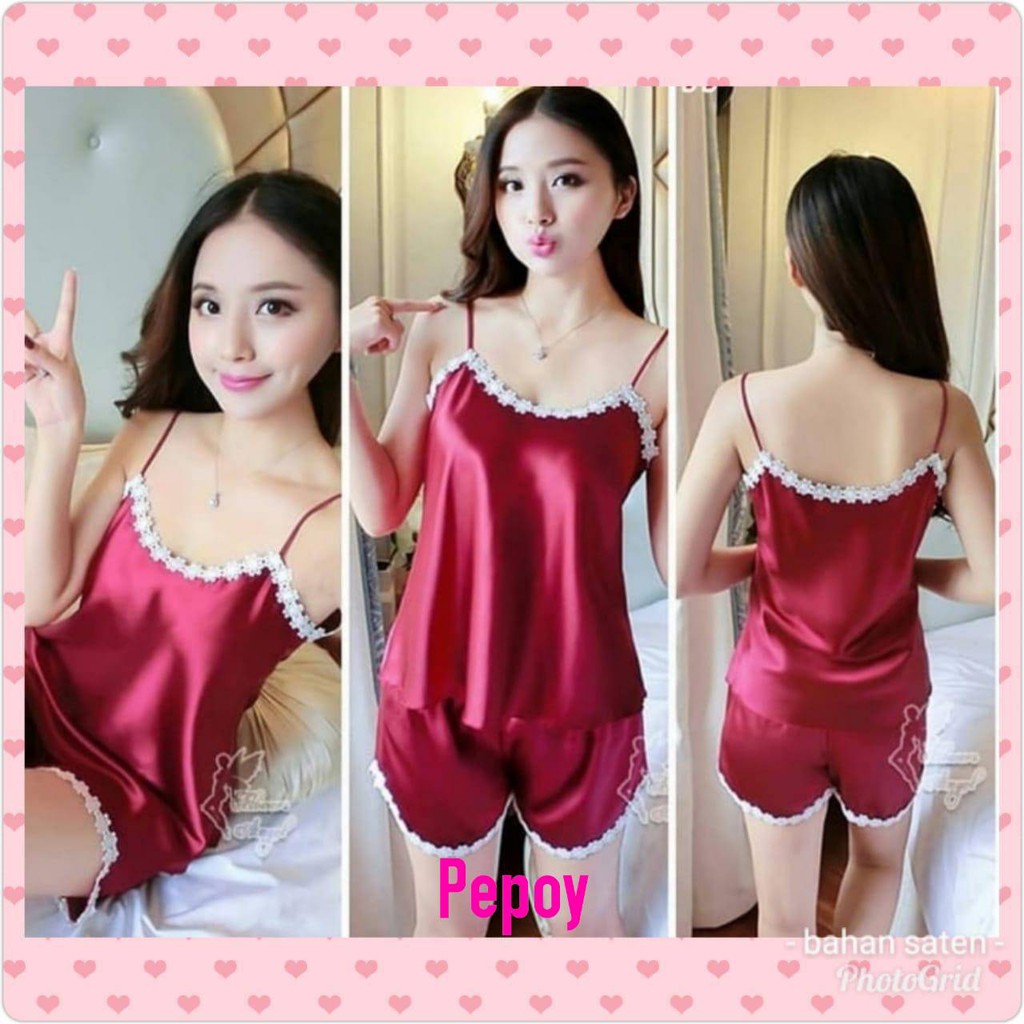 Sexy Satin Set Hot Pants / HP Import Renda Bunga Cantik AMORA ADA SIZE.