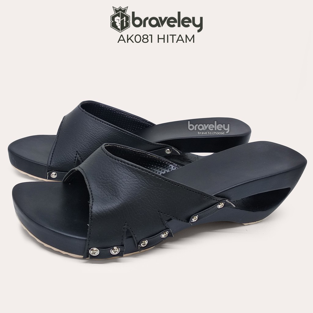 SENDAL KAYU KELOM GEULIS SELOP WEDGES SANDAL MULES WANITA BRAVELEY AK081