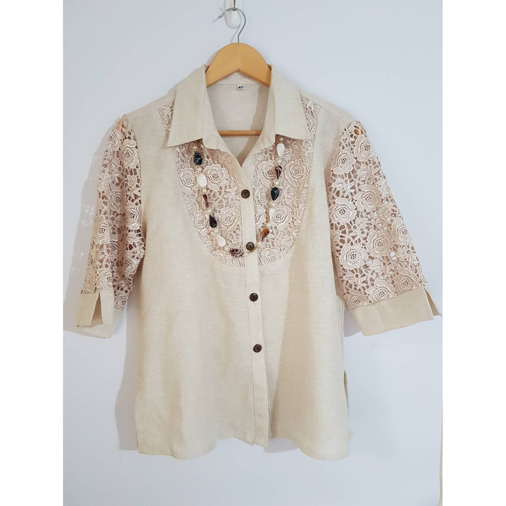 Atasan Wanita Coklat Muda/Creme Bordir Bunga
