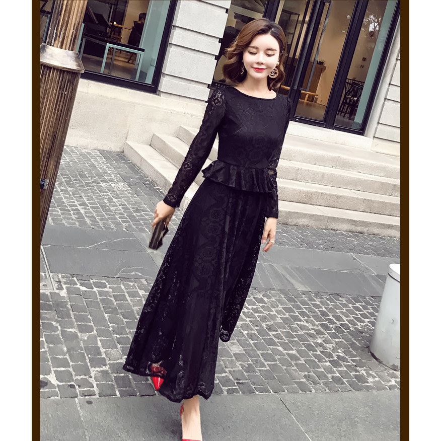 Long Dress Brukat Import Gaun Pesta Brokat Lace Merah & Hitam 32091