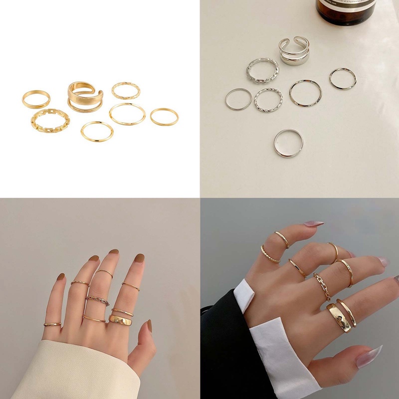 Fancyqube 7pcs / Set Cincin Model Hollow Bulat Terbuka Bahan Metal Untuk Wanita