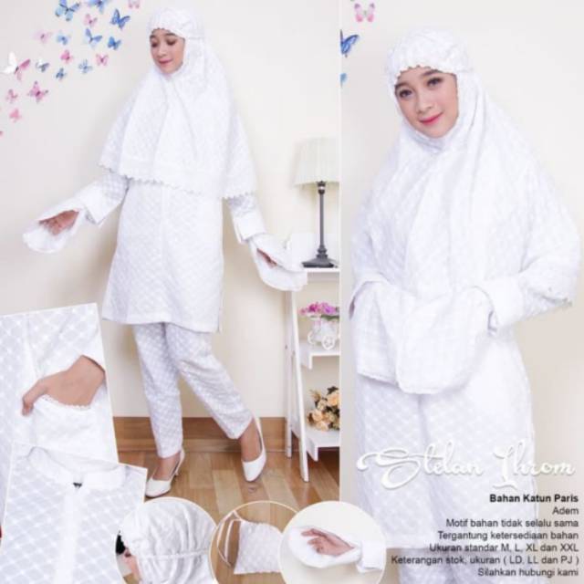 Baju  stelan ihrom haji umroh wanita bahan katun paris full set