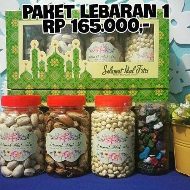 Paket parcel lebaran 1 kacang arab pictachio fustuk almond cokelat kerikil