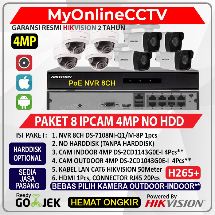 PAKET IP CAMERA HIKVISION CCTV  8 CHANNAEL 4MP LENGKAP