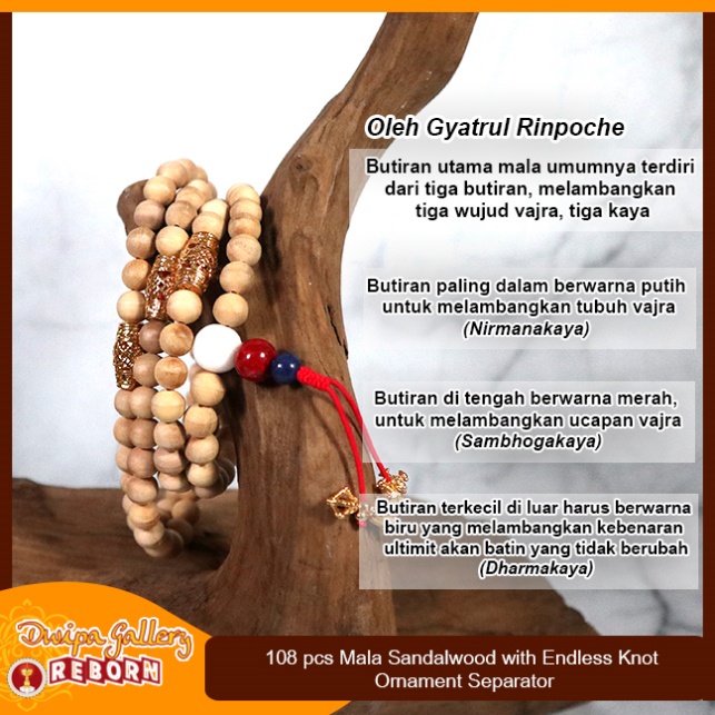 Tasbih / Mala Buddha 108 Kayu Cendana (Sandalwood) 8mm + Endless Knot