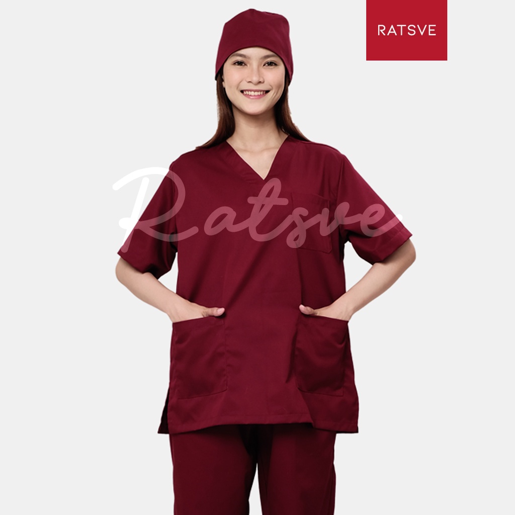 Baju Jaga Perawat / Setelan Baju OK Medis / Scrub Dokter Ratsve Lengan Pendek Warna Maroon