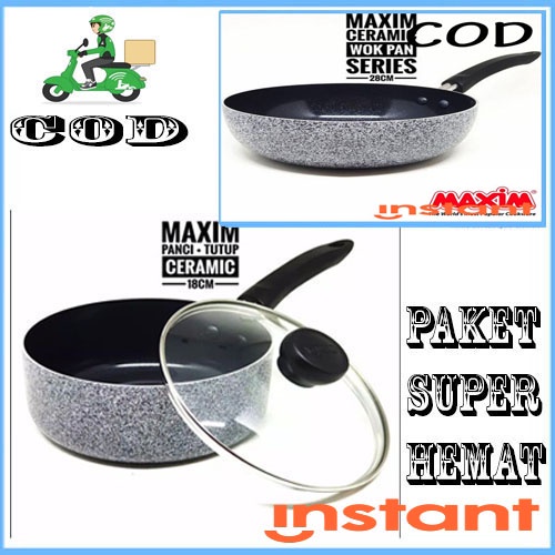 promo 2pcs Maxim Neostone Wajan Panci Saucepan 18 Cm + 28 deep wook Ceramic Marble Anti Lengket + Tutup Kaca