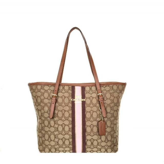 Coach Zip Tote In Signature JarQuad With Stripe totebag asli authentic original