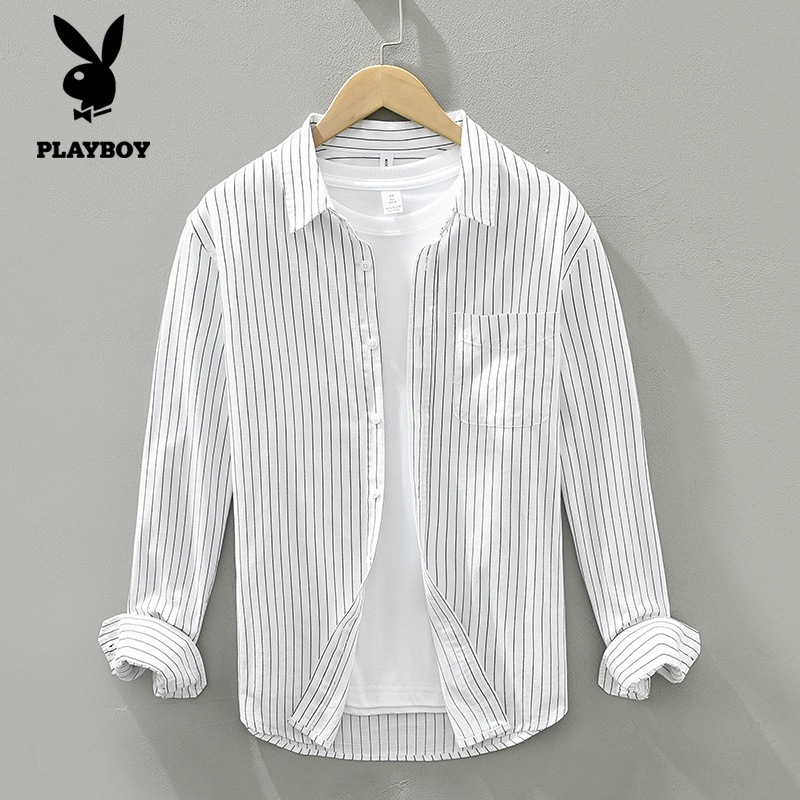 Playboy Pria Bergaris Kemeja Lengan Panjang Jepang Longgar Kasual Top Trend Jaket Kemeja Katun