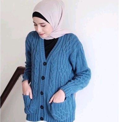 Cable Cardy Kardigan Rajut Kepang Wanita Jumbo Cardigan Kancing Oversize Kekinian Korean Style