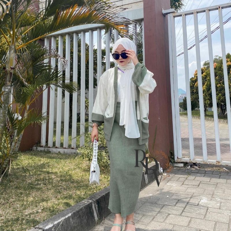 ONE SET RAJUT TWO TONE CARDIGAN DAN ROK KNIT PREMIUM-3