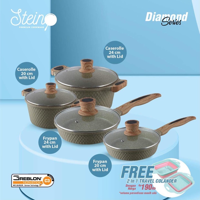 [FREE 2in1 TRAVEL COLANDER] Paket Diamond Series Complete Set Stein Cookware ORI Lengkap