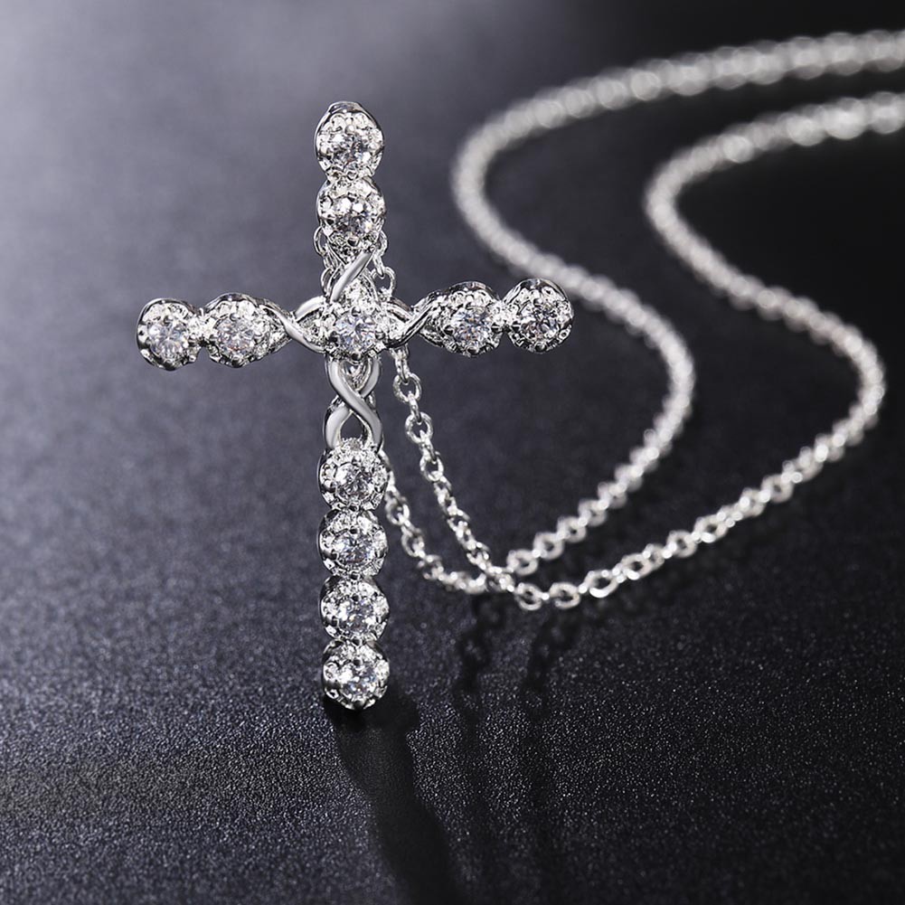 Ladies 925 Sterling Silver Plated Full Diamond Crystal Cross Pendant Necklace