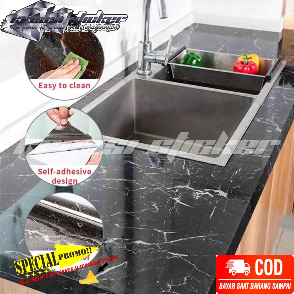 WALPAPER WALL STIKER FURNITURE DINDING/KITCHENSET MOTIF HITAM MARMER KERAMIK