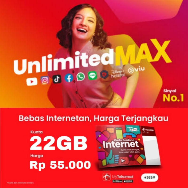 Perdana Telkomsel UnlimitedMAX 22GB Full 24Jam