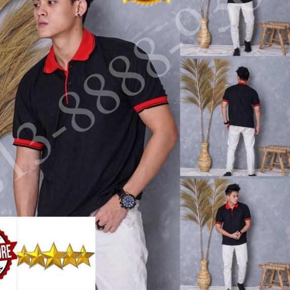 ℮ Kaos Polo Shirt Polos hitam kerah merah/kaos kerah pria/baju kerah - Tulis no. warna, S ▲