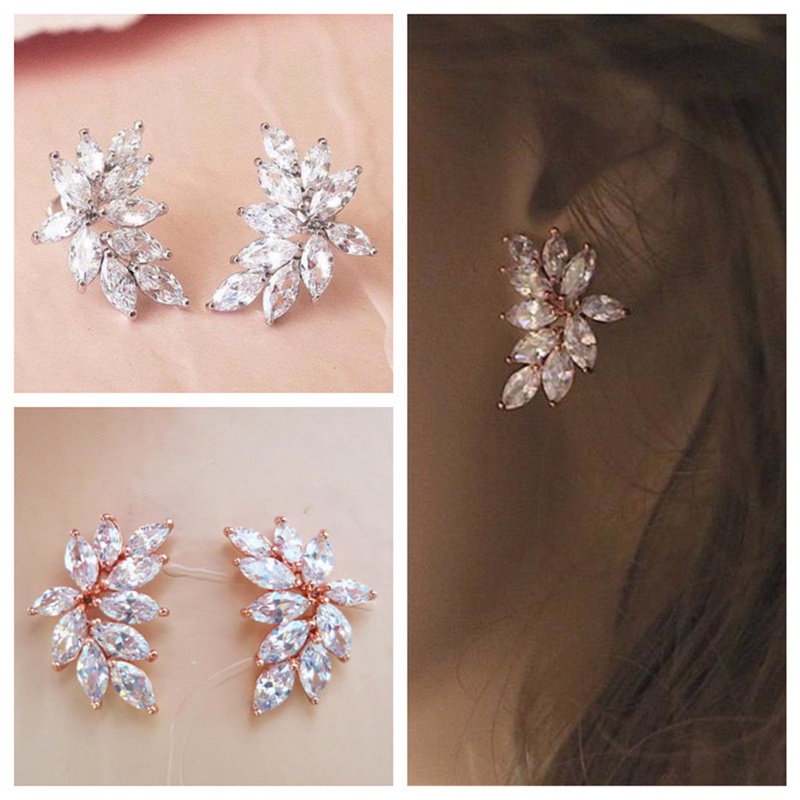 Anting Tusuk Desain Daun Hias Cubic Zirconia AAA Untuk Wanita