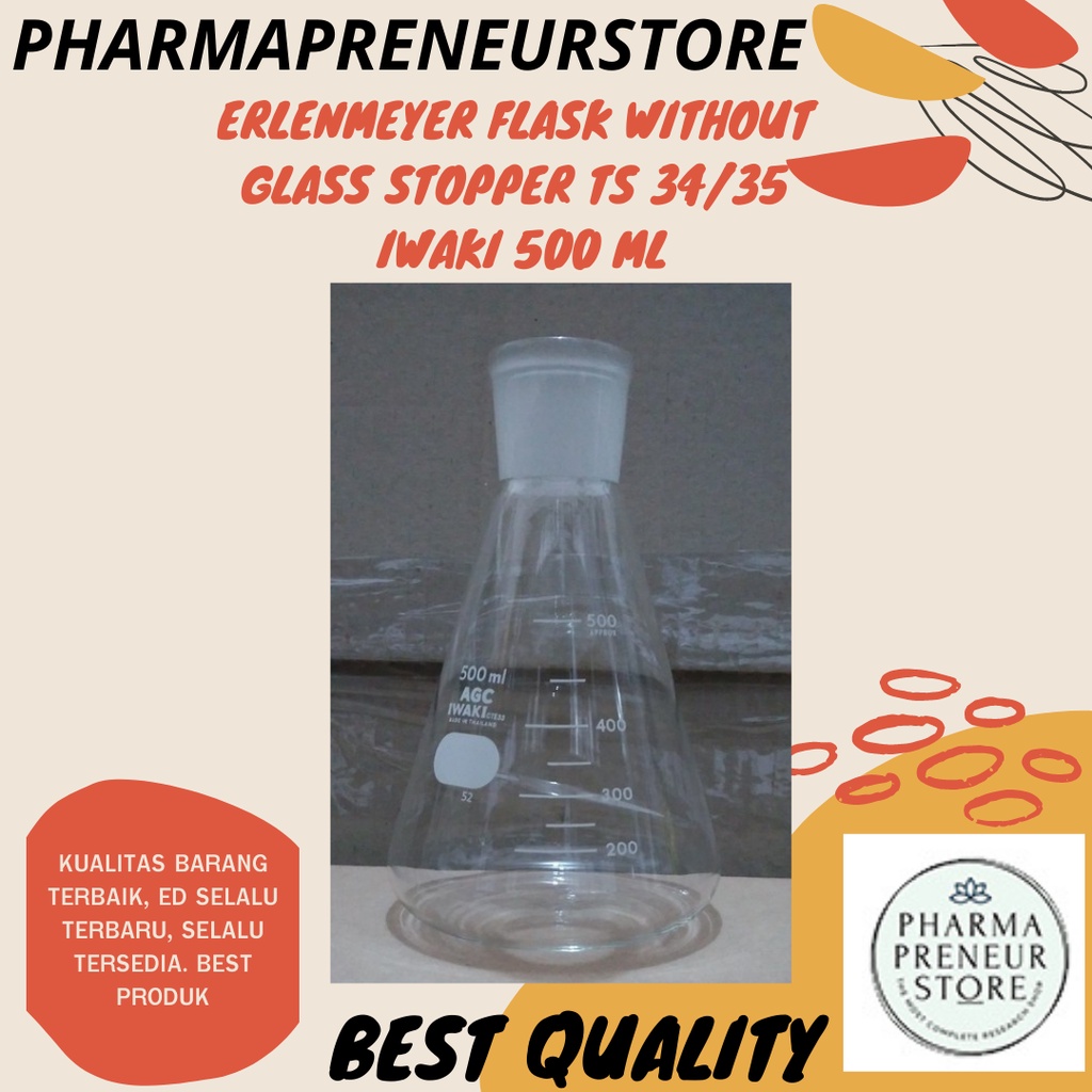 ERLENMEYER FLASK WITHOUT GLASS STOPPER IWAKI 500 ML TS 34/35 5021FK500-34-B BEST PRODUCT BEST QUALITY