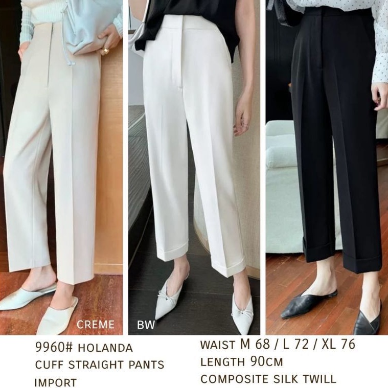 9960 Celana panjang CUFF STRAIGHT Pant putih hitam polos Korean style wanita import celana bahan pan