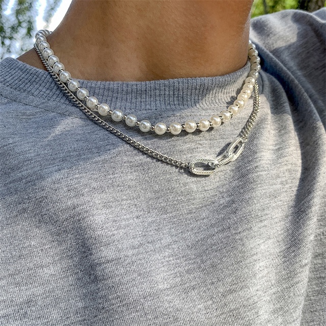 Kalung Choker Rantai Mutiara Double Layer Desain Beruang Gaya Hip-Hop Untuk Pria