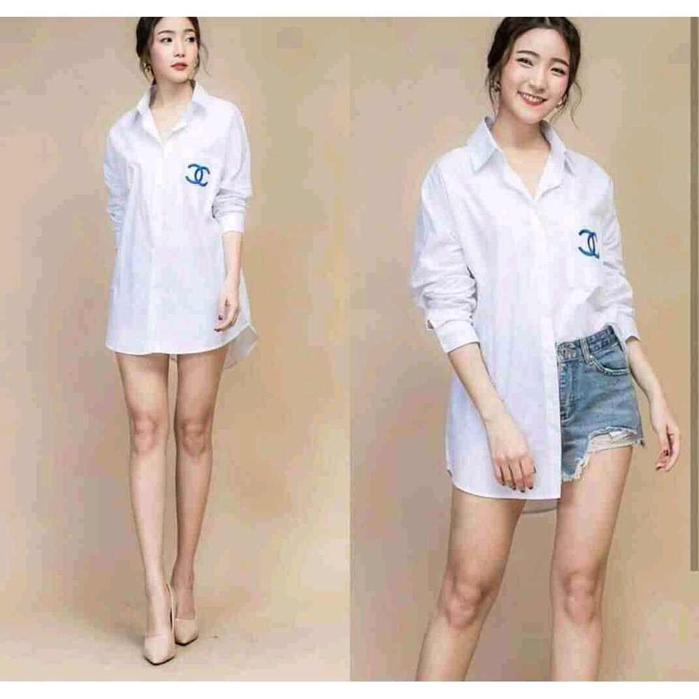 sq Hem 3button tunik kemeja wanita putih lengan panjang imut simple elegan hijab modis modern murah