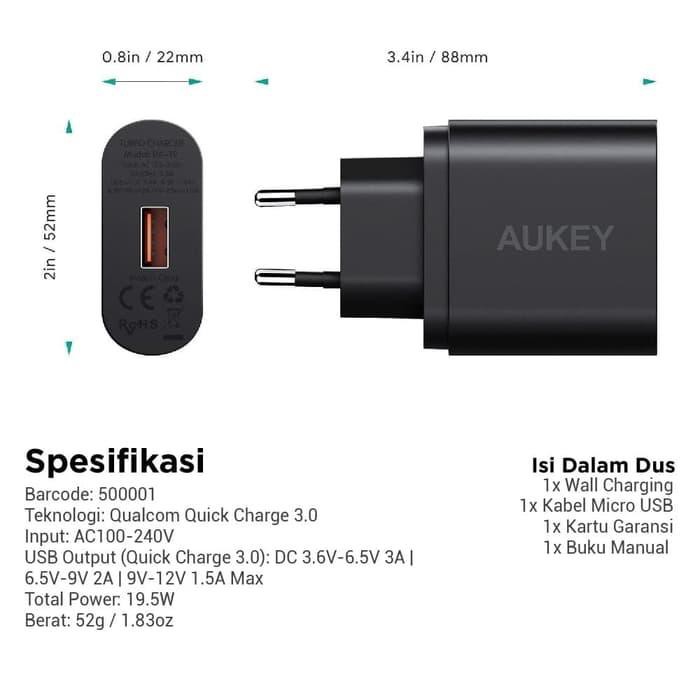 Aukey Charger 1 Port 18W QC 3.0 + Micro USB Cable - SKU : 500001 / 500291