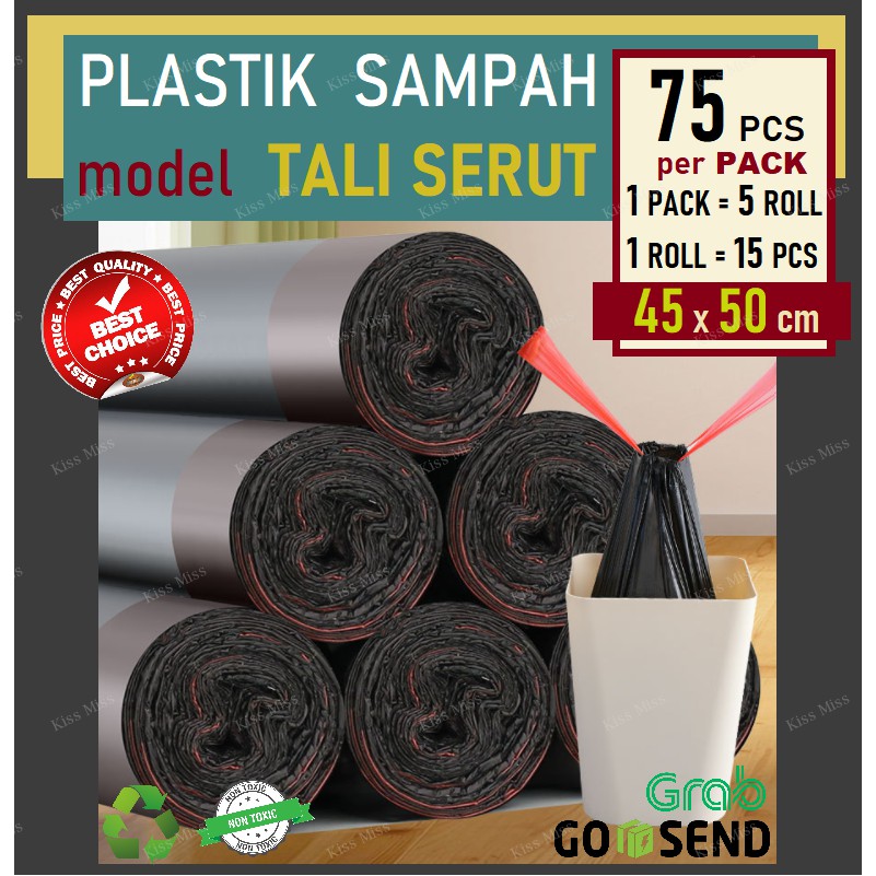 Plastik Sampah TALI SERUT - 45x50 - TIPIS - ROLL - TRASH BAG - GARBAGE - KANTONG - HITAM - SILVER